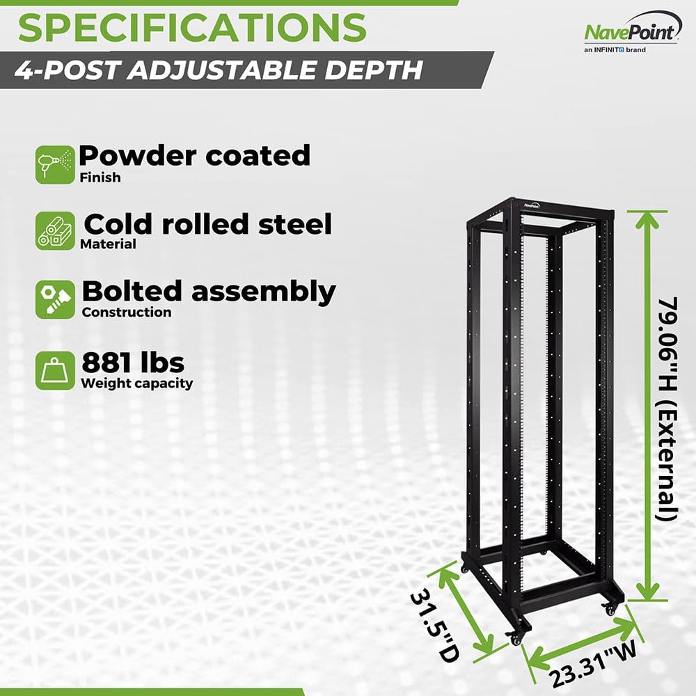 NavePoint 42U 4 Post Server Rack – Open Frame Rack for 19 Inch Equipment, Adjustable Depth 4-Post Network Rack with Casters Wheels, 42U Server Rack 881lbs Capacity, Black
