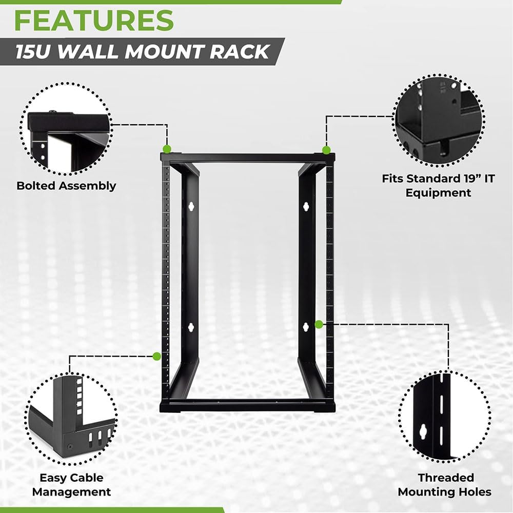 NavePoint 15U Wall Mount Open Frame 19 Inch Server Equipment Rack Threaded 16 inch Depth Black
