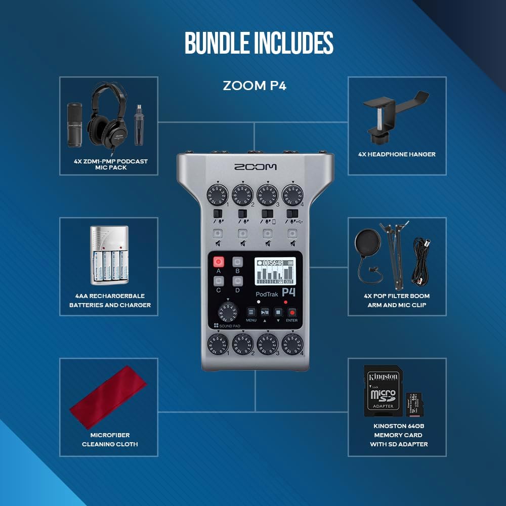 Zoom PodTrak P4 Portable Multitrack Podcast Recorder, Audio Interface w/ 4 Mic Inputs, 4 Headphone Outputs with 64GB SD, 4X Zoom Podcast Mic Pack, 4X Pop Filter Set, 4AA Rechargeable Batteries & More