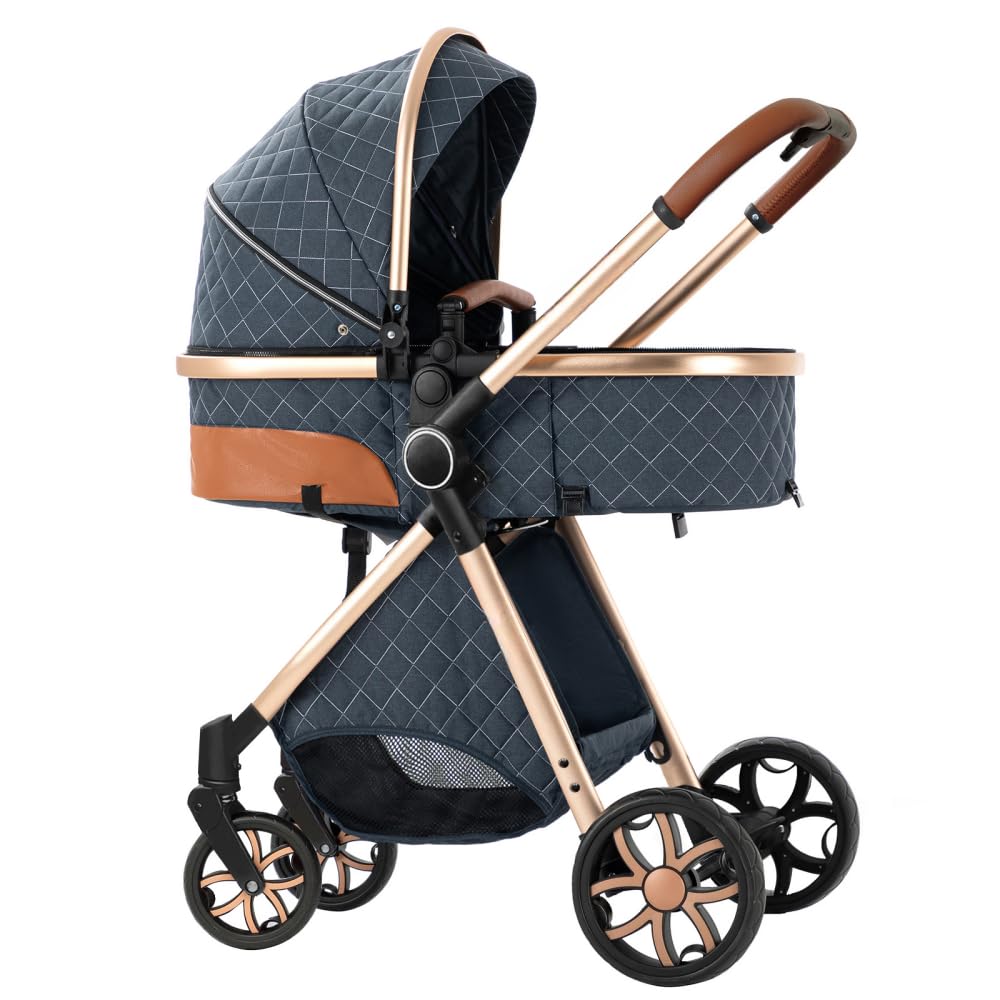 2 in 1 Baby Stroller,Infant Stroller Convertible,High Landscape Baby Carriage,Foldable Pushchair with Adjustable Canopy(Blue)