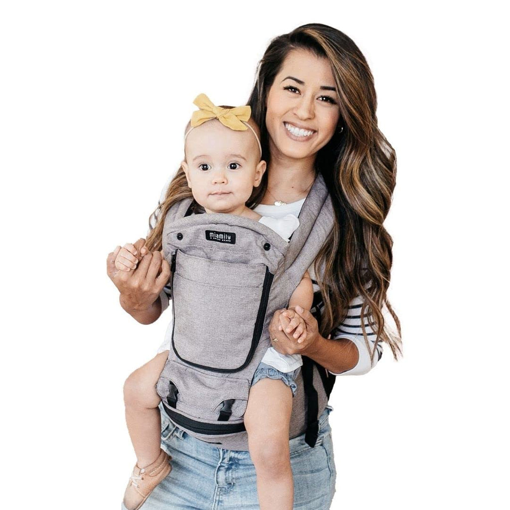 MiaMily Ergonomic Hip Seat Baby Carrier, 6 Carry Positions, Newborn to Toddler, Lumbar Support, Adjustable Waist Belt, Hipster Plus, Stone Grey