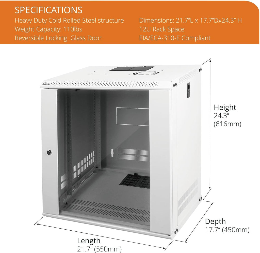 Tecmojo 12U Wall Mount Rack Network Cabinet for 19' IT Equipment,with Lockable Glass Door and Side Panels,Cooling Fan,17.7inch Depth,White