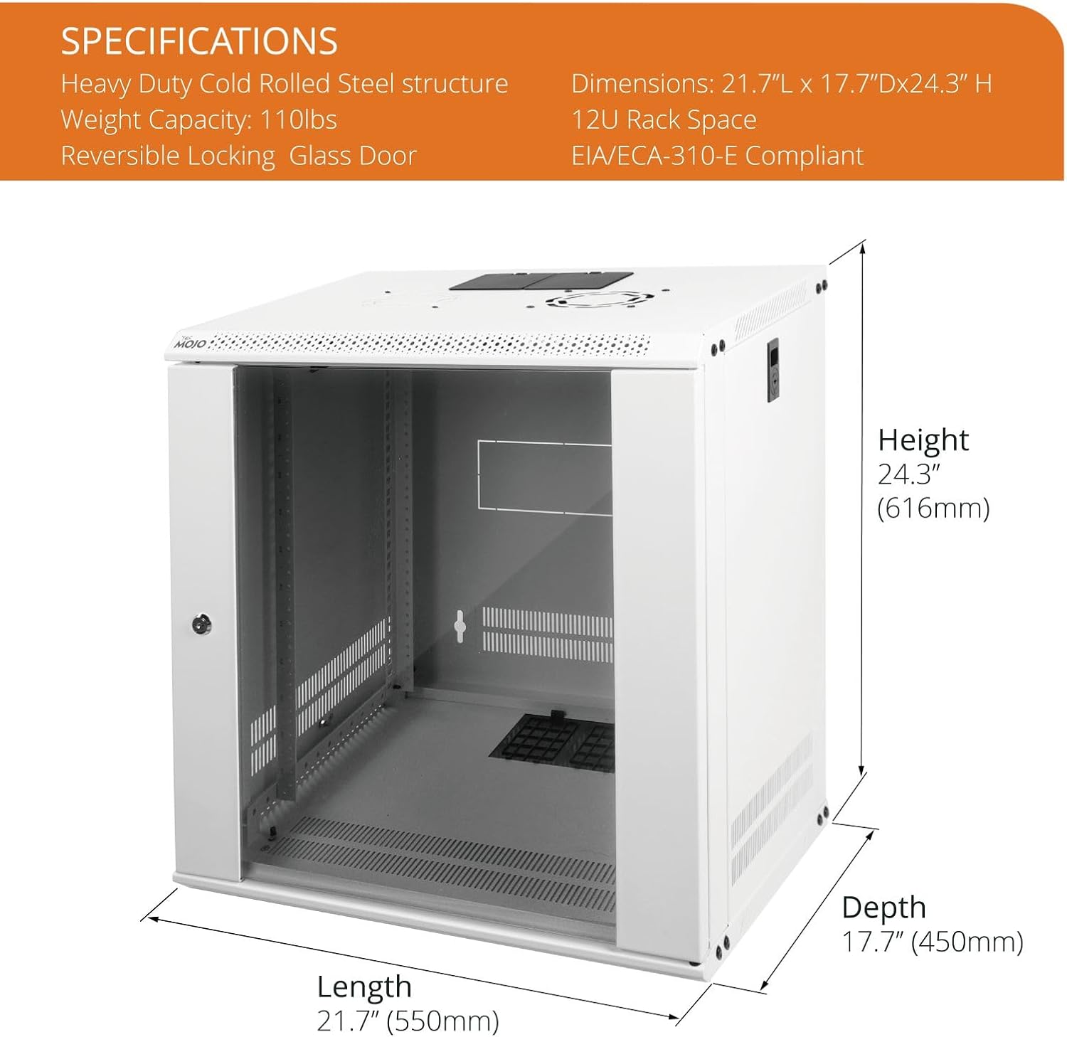 Tecmojo 12U Wall Mount Rack Network Cabinet for 19' IT Equipment,with Lockable Glass Door and Side Panels,Cooling Fan,17.7inch Depth,White