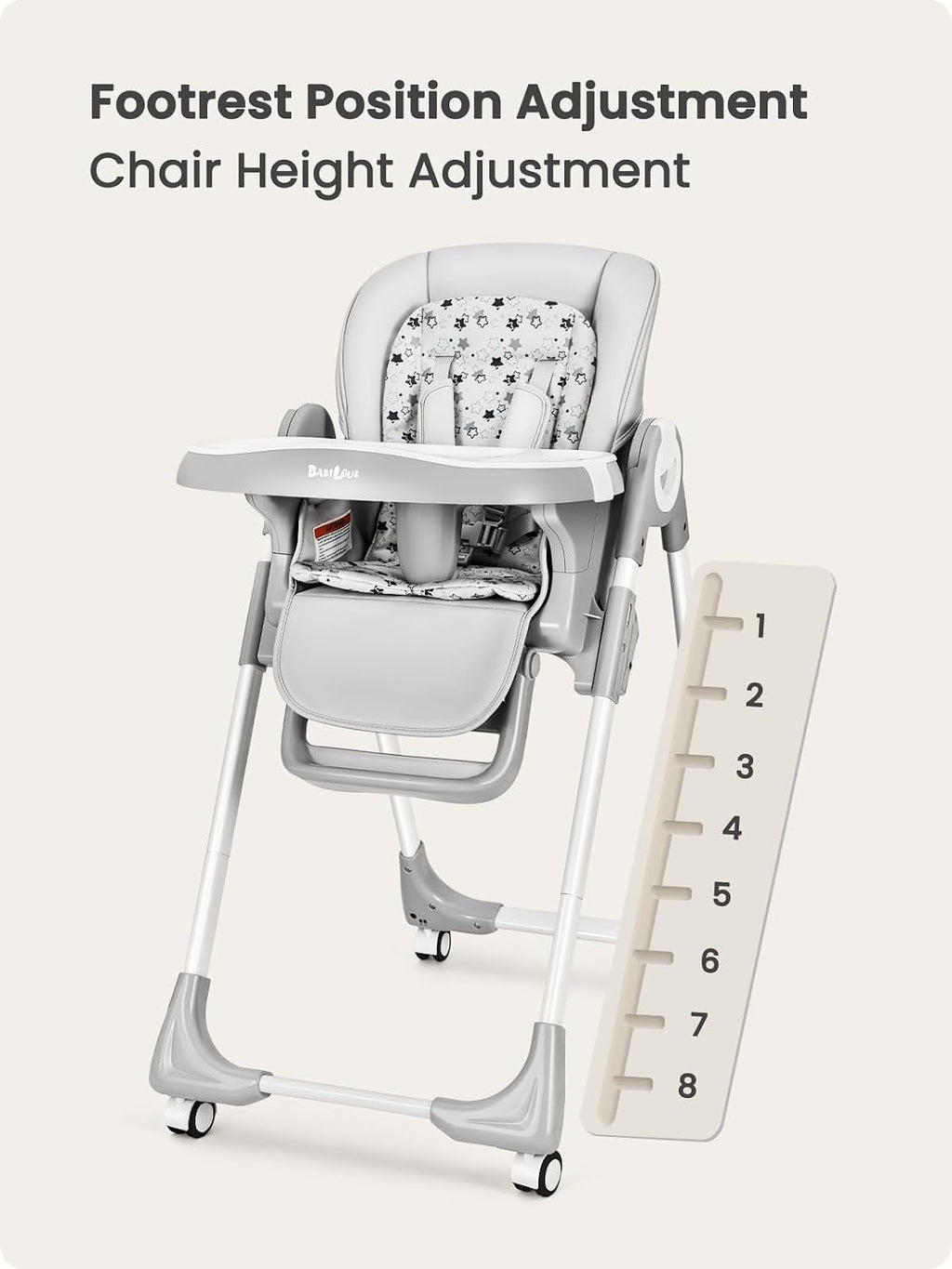 Babilous Foldable High Chair with Soft Cushion, High Chairs for Babies and Toddlers, Height Adjustable Feeding Chair, Adjustable Backrest and Footrest, Lockable Wheels, Star Gray