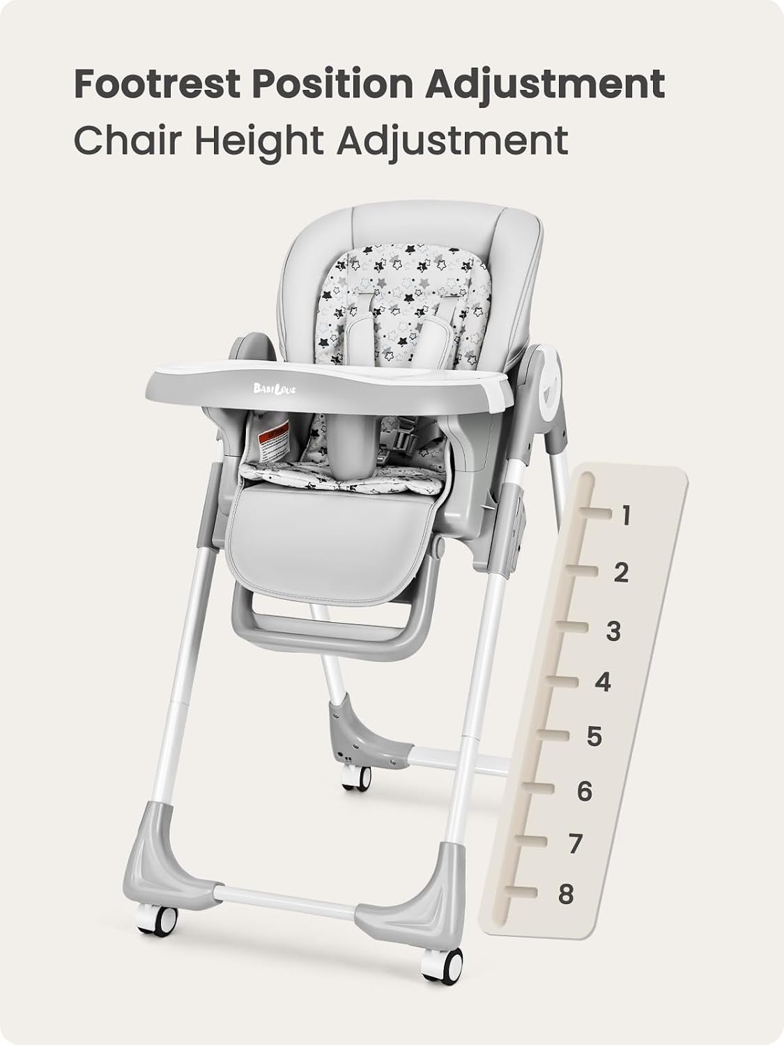 Babilous Foldable High Chair with Soft Cushion, High Chairs for Babies and Toddlers, Height Adjustable Feeding Chair, Adjustable Backrest and Footrest, Lockable Wheels, Star Gray