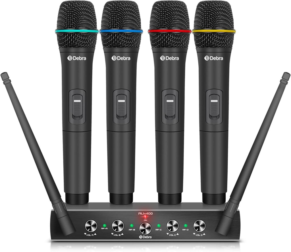 Debra Audio Pro UHF 4 Channel Wireless Microphone System with Cordless Handheld Lavalier Headset Mics, Metal Receiver, Ideal for Karaoke Church Party(with 4 Handheld (B))