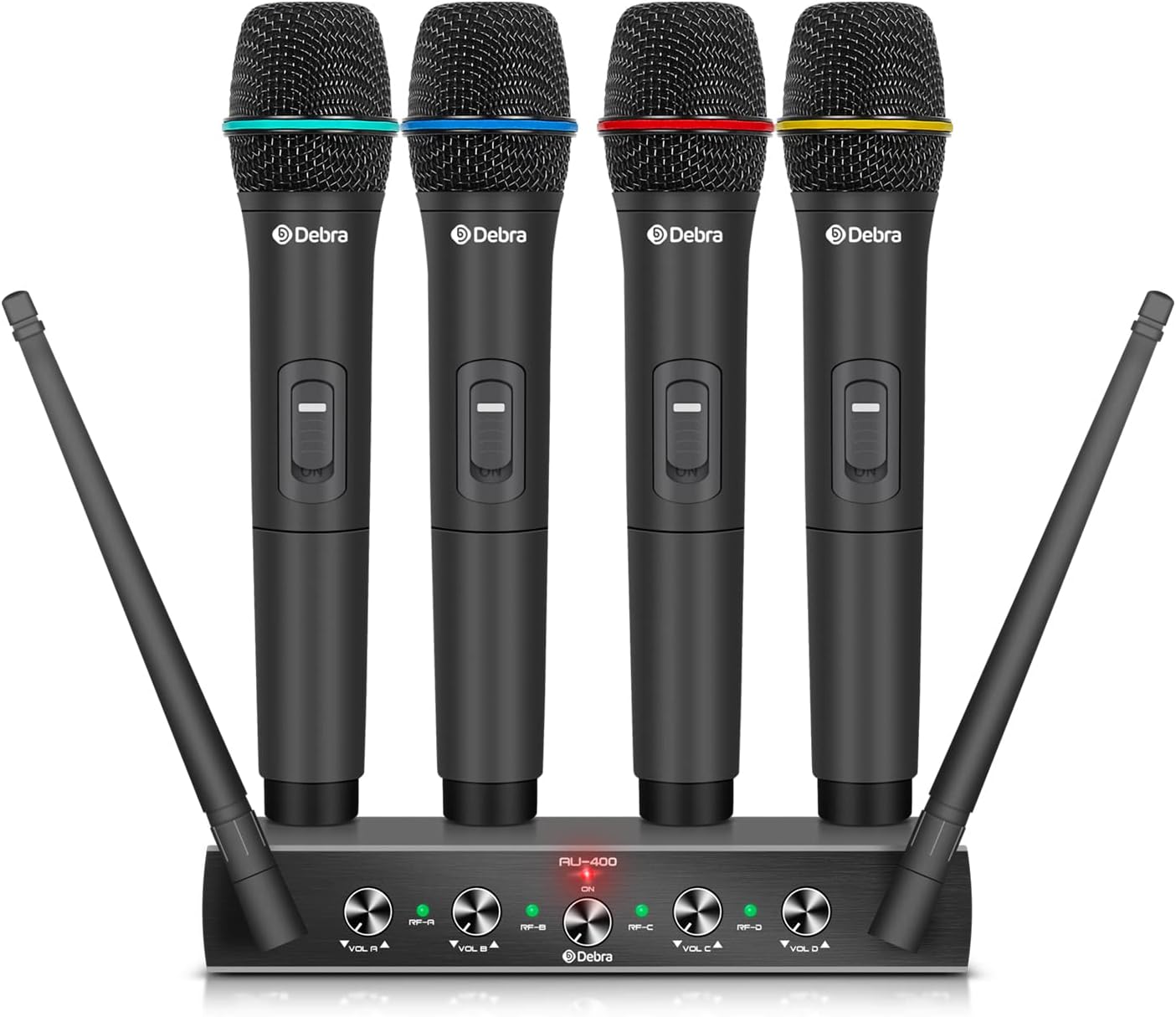 Debra Audio Pro UHF 4 Channel Wireless Microphone System with Cordless Handheld Lavalier Headset Mics, Metal Receiver, Ideal for Karaoke Church Party(with 4 Handheld (B))