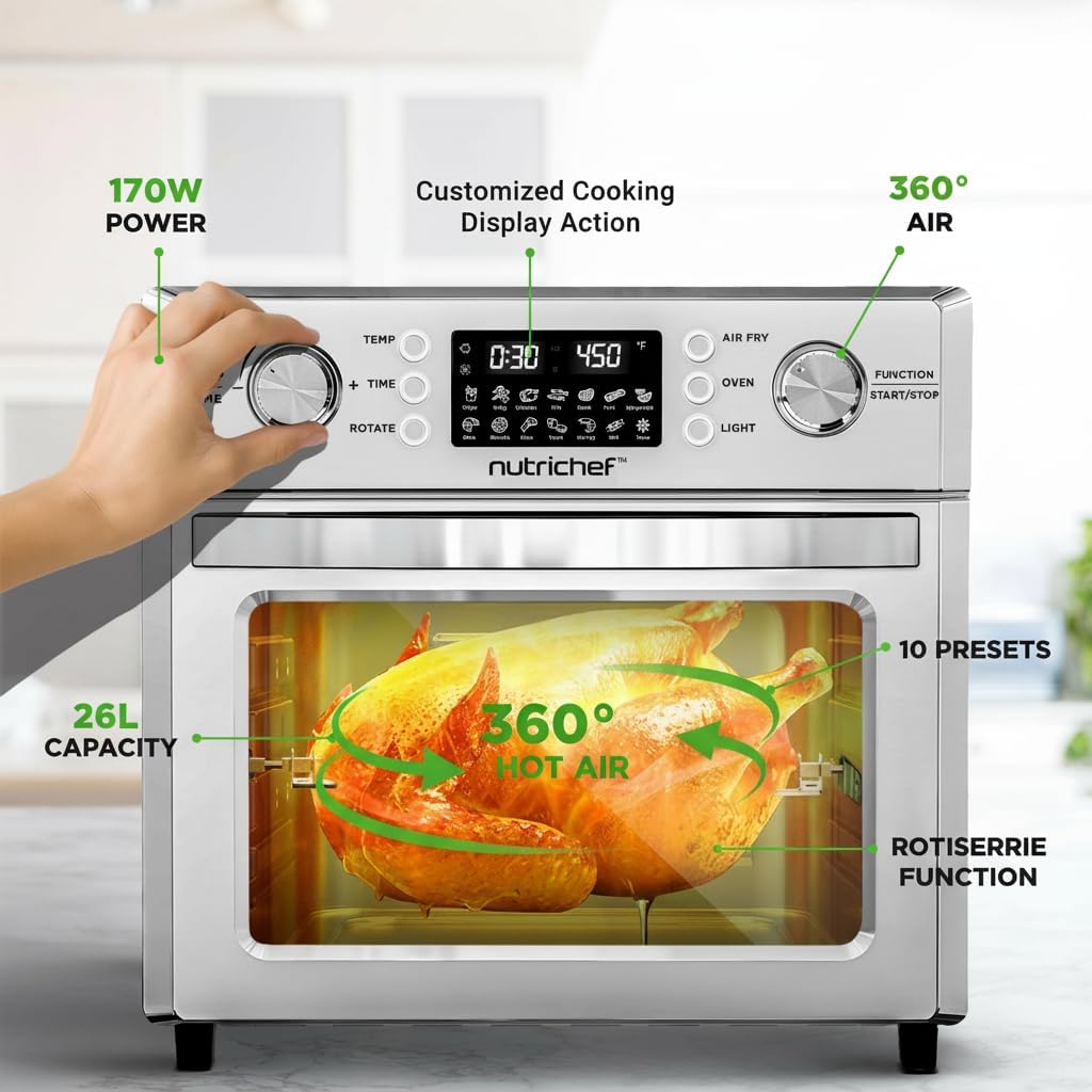NutriChef 26QT Air Fryer Oven | Countertop Convection Toaster & Air Fryer | 360° Rotisserie Feature | 10 Digital Presets | Includes Drip Tray, Air Frying Basket & Bake Rack 15x16x14 | Stainless Steel