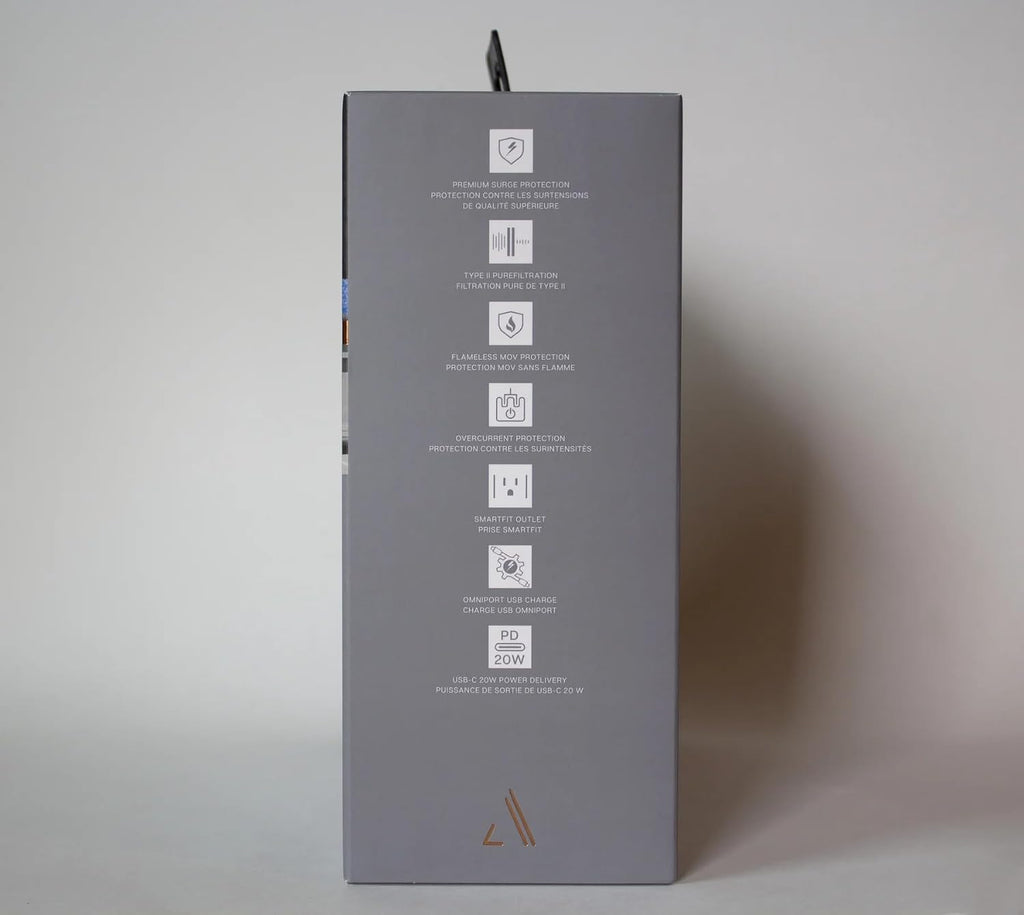 Austere V Series, Wall Power 4 Outlet Surge Protector, 3000 Joules, EMI/RFI Filtering, 1 USB-C 20W Fast Charger, 1 USB-C 2.4 amps, 1 USB-A 2.4 amps, Overcurrent Protection, 5 Year Component Guarantee