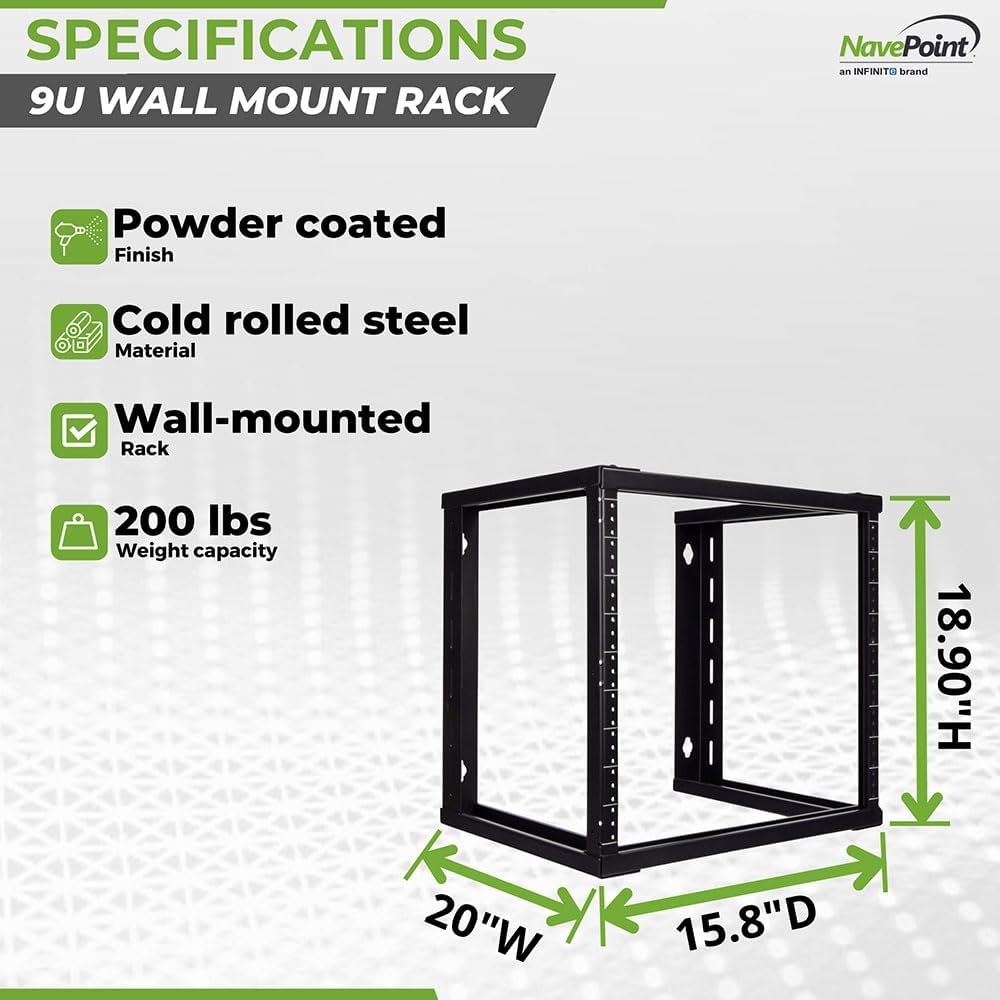 NavePoint 9U Open Frame Wall Mount Server Rack for 19' Networking IT Equipment & A/V, 12-24 Threaded, Compatible with 2-Post Mounting, Black