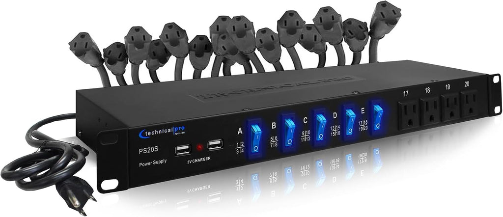 Power Strip Surge Protector, 19-Inch Rack Mount, 20 Outlets – 16 Rear 120V 3-Prong Sockets, 4 Front AC Outlets, 3 USB Ports, 5V Charging, Ideal for Home, Office & Server Rack by Technical Pro