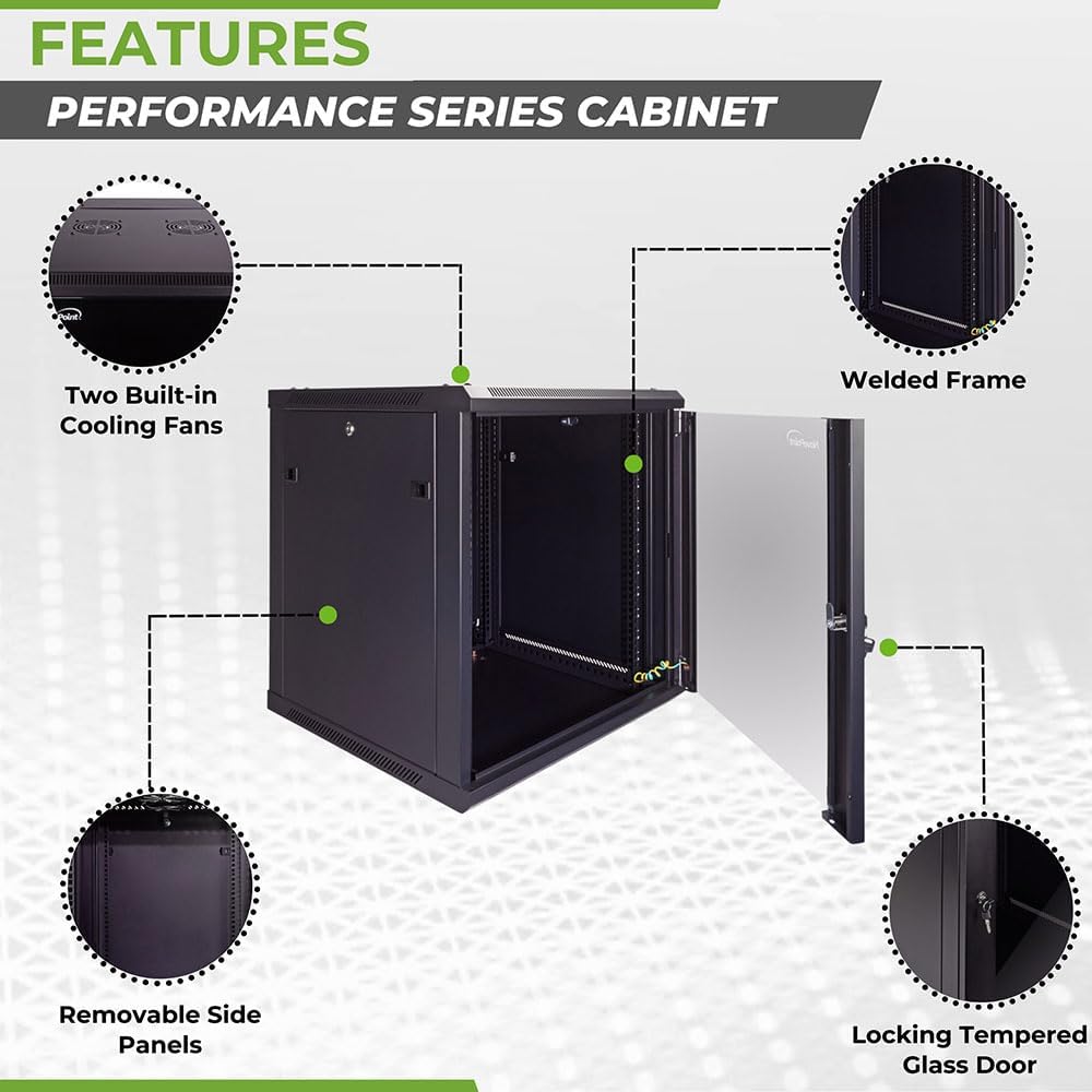 NavePoint 12U Server Cabinet Wall Mount Rack Enclosure Includes 2 Fans, Locking Glass Door, Removable Side Panels – 12U Network Cabinet 23.6' Deep, 19 Inch Server Rack for IT and A/V Equipment