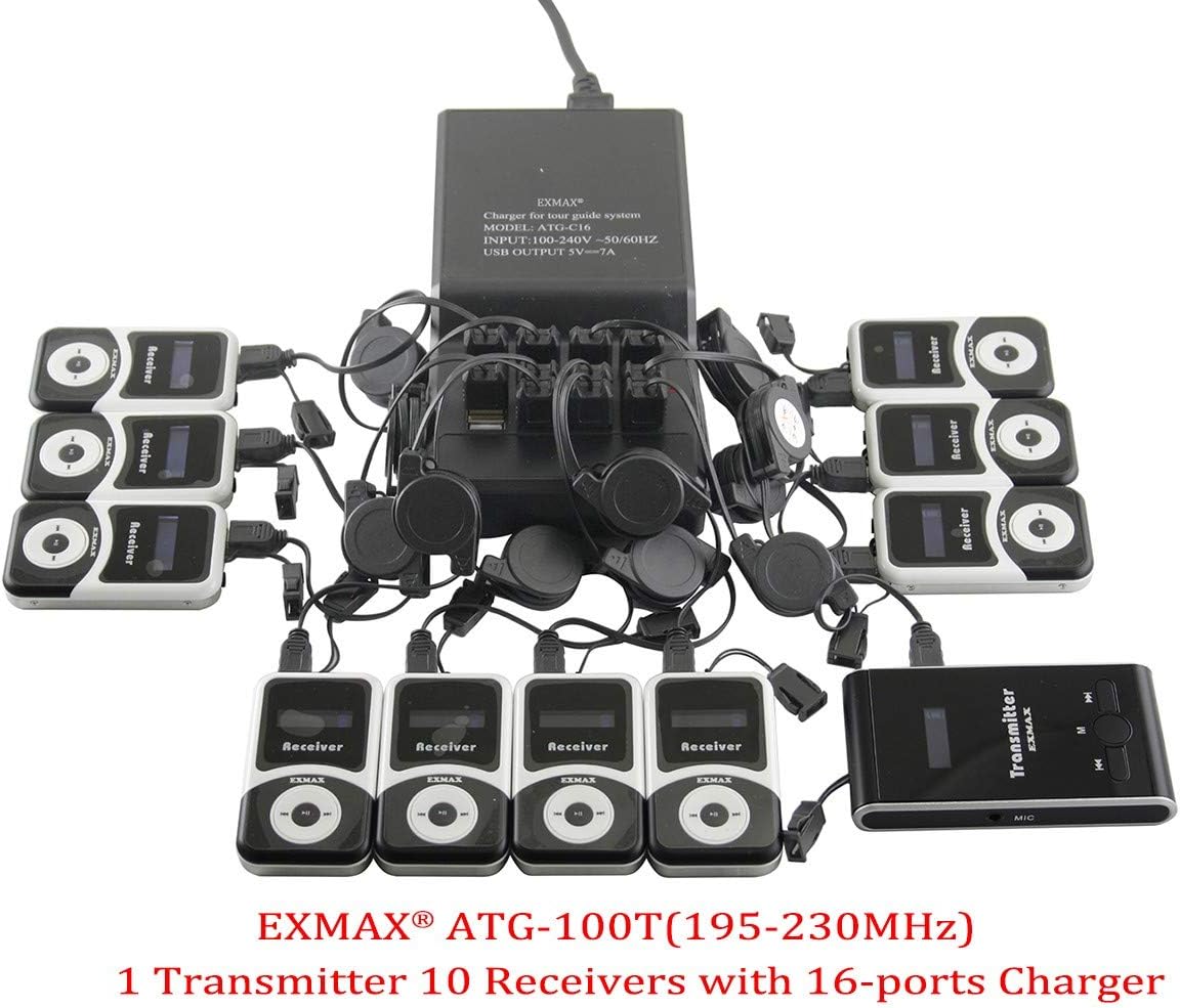 EXMAX® ATG-100T 195-230MHz Wireless Tour Guide System Voice Transmission Microphone Earphone Headset for Church Translation Silent Conference Travel Traning (1 Transmitter 10 Receivers Charging Base)