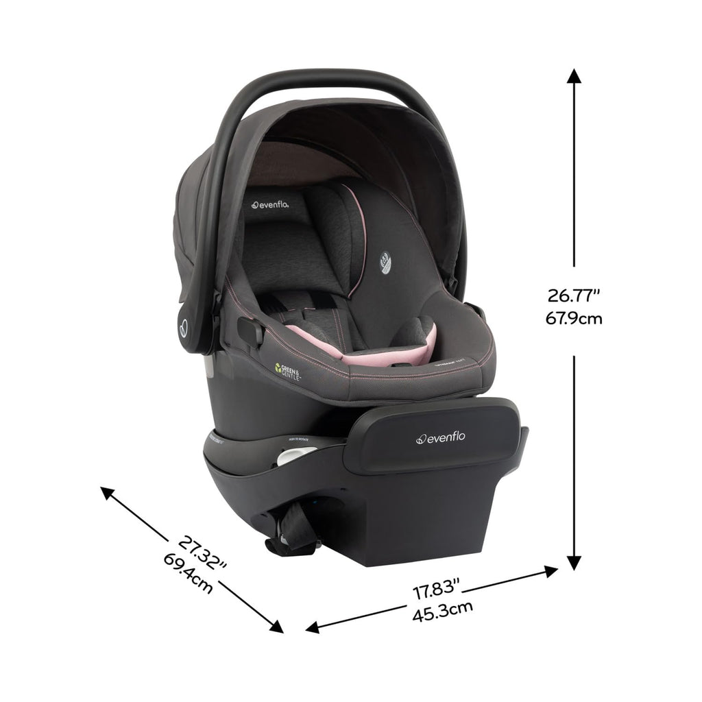 Evenflo Revolve180 LiteMax NXT Rotating Rear-Facing Lightweight Preemie and Infant Car Seat 3-30lbs with Green & Gentle. Easy Install with Base (Primrose Pink)
