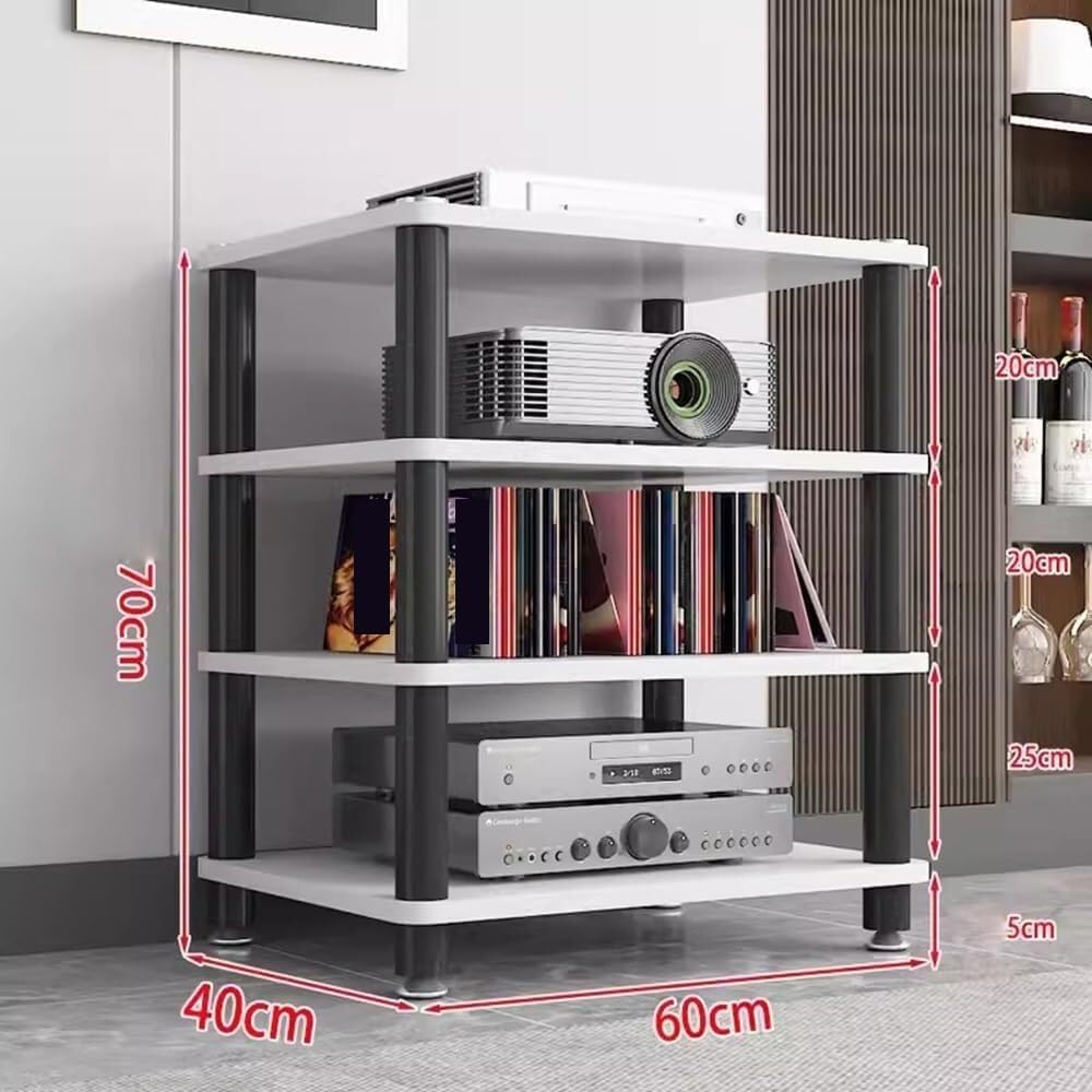 Record Player Shelf,Media Storage Cabinet Rack Tower, Modern Audio-Video Stand, 1/2/3/4-Tier Wood Stereo Cabinet(White,4 Tier)