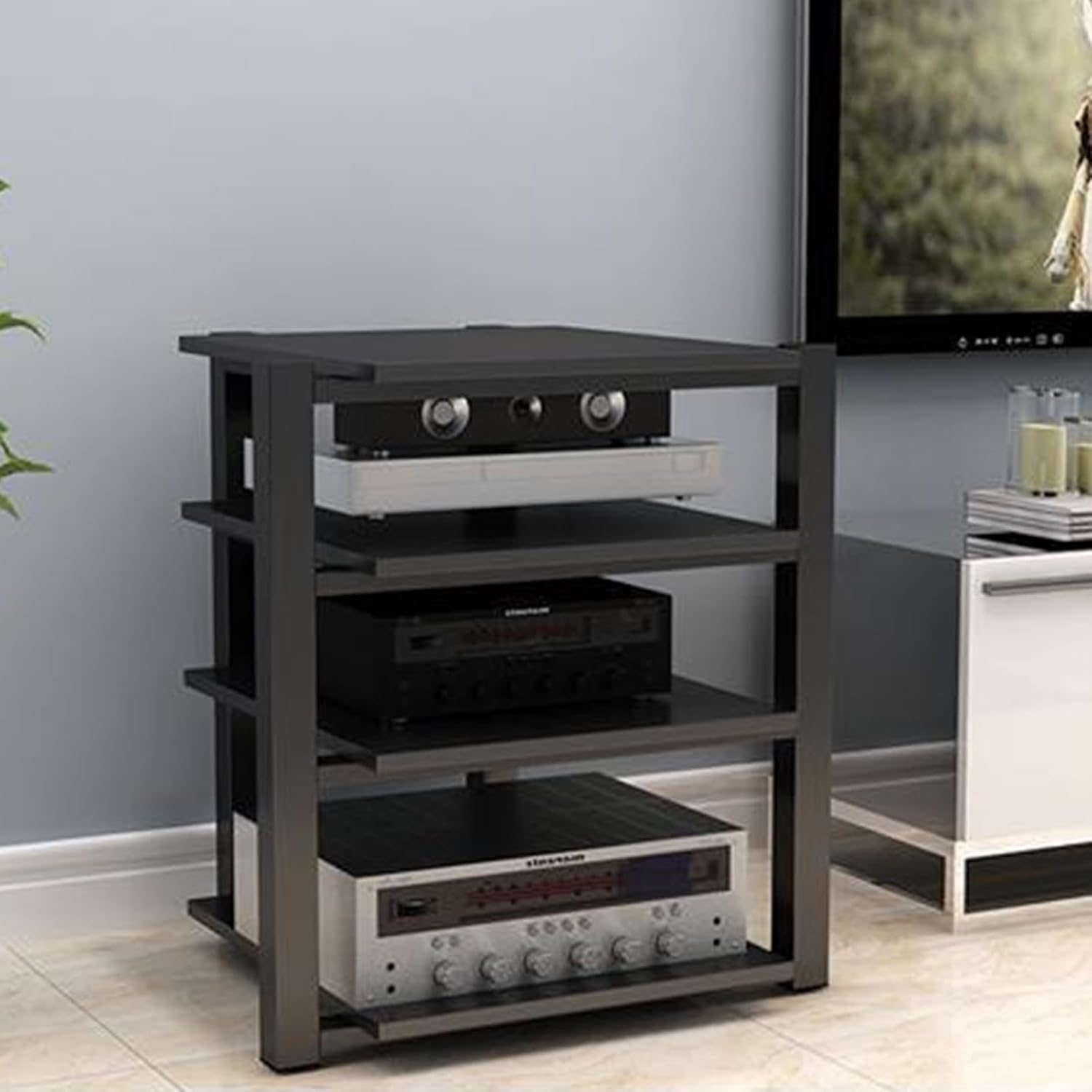 4-Tier Audio Rack Stand - AV Media Tower Cabinet for Stereo & Home Theater - Media Display Furniture for Audio/Video Equipment - Black Entertainment Center