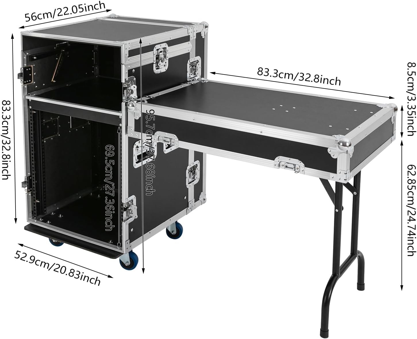 12U PA DJ Rack with 4 Wheels, Heavy-Duty Mobile Audio Equipment Cabinet with Side DJ Table Top, 661 lbs Capacity Studio Rack for Mixer, Amplifier, Speakers (12U /Side Table)