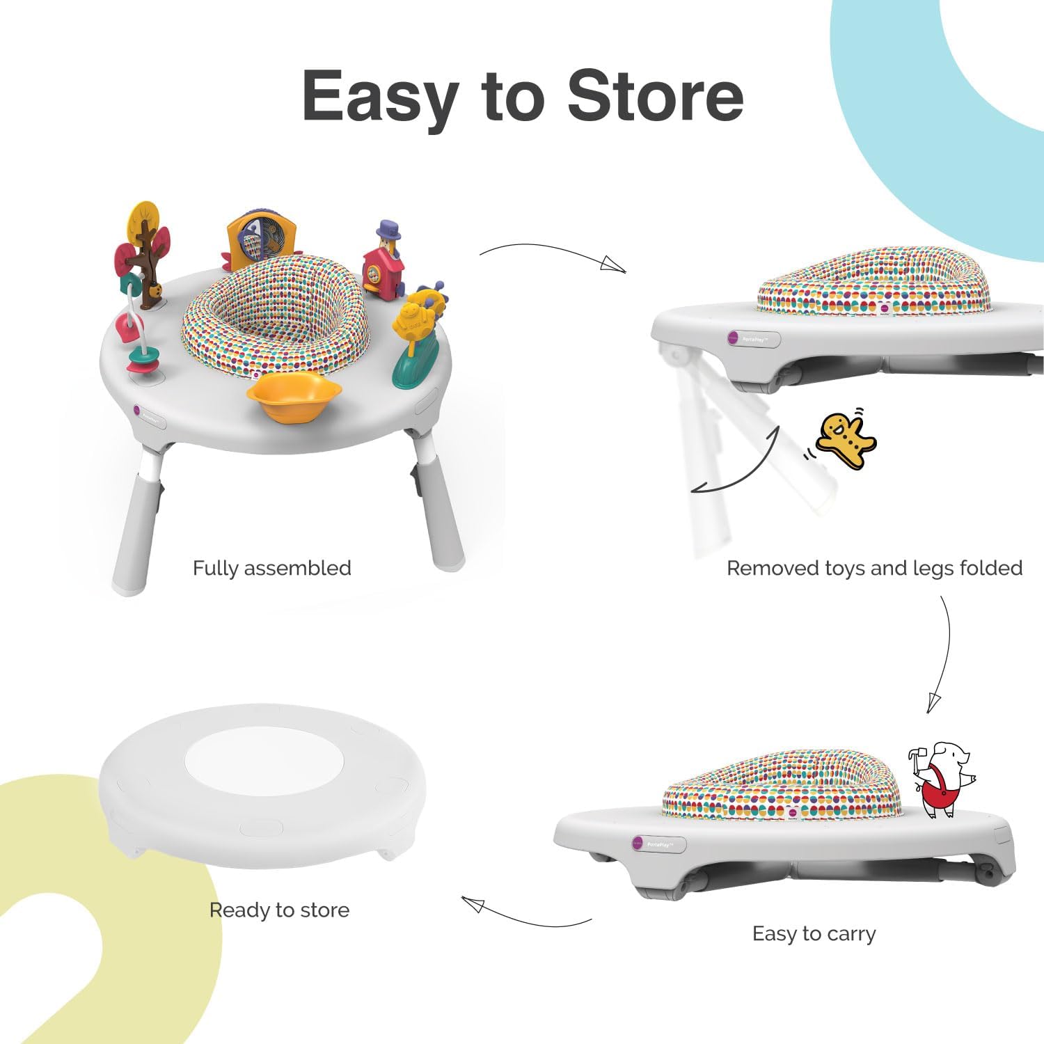 ORIBEL PortaPlay Convertible 3-in-1 Baby Activity Center & Play Table | Patented Bouncy Seat | Stable Foot Support | 5 Months+ | Development Focused Toys (Wonderland Adventure, Grey)