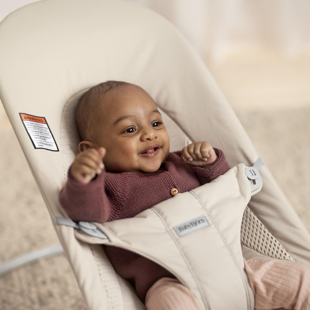 BabyBjörn Bouncer Balance Soft, Light Beige, Woven/Jersey, Tri-Fabric | 2-in-1 Adjustable Baby Bouncer Seat and Toddler Chair, Newborn to Toddler (8-29 lbs), 4 Positions, Lightweight & Portable