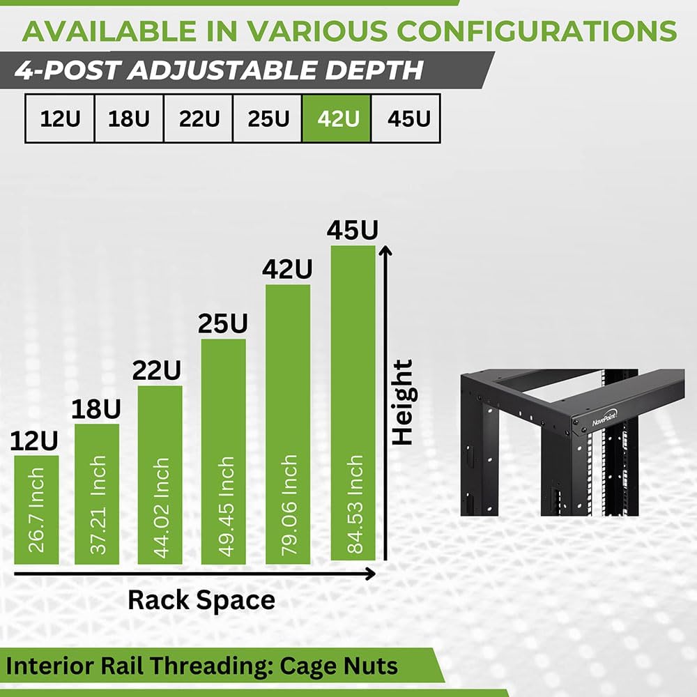 NavePoint 42U 4 Post Server Rack – Open Frame Rack for 19 Inch Equipment, Adjustable Depth 4-Post Network Rack with Casters Wheels, 42U Server Rack 881lbs Capacity, Black