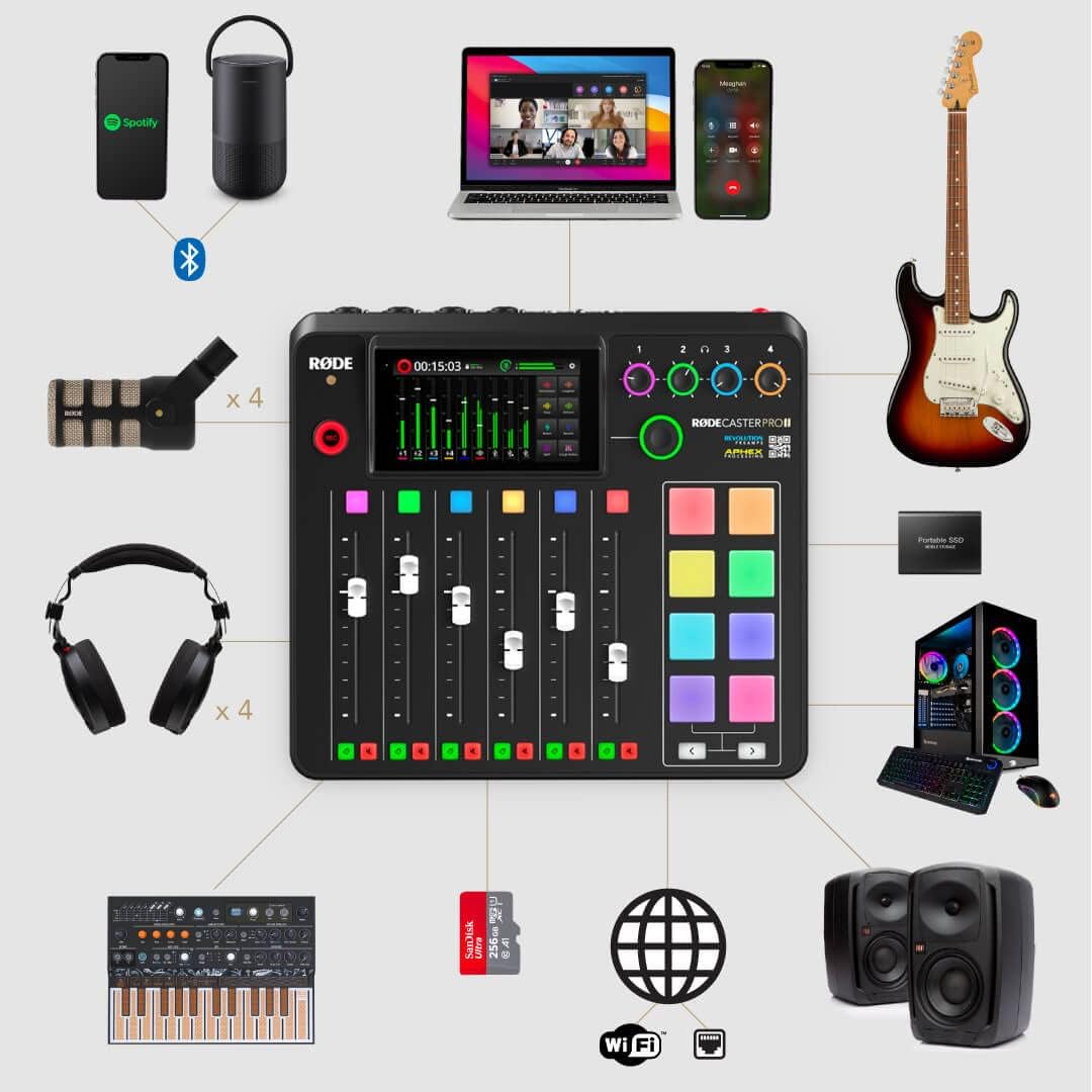 Rode RODECaster Pro 2 Podcast Mixer Bundle — 4x PodMic Mics, PSA1+ Boom Arms, Headphones, XLR Cables & 32GB SD Card | 4-Person Complete Podcast Studio Kit
