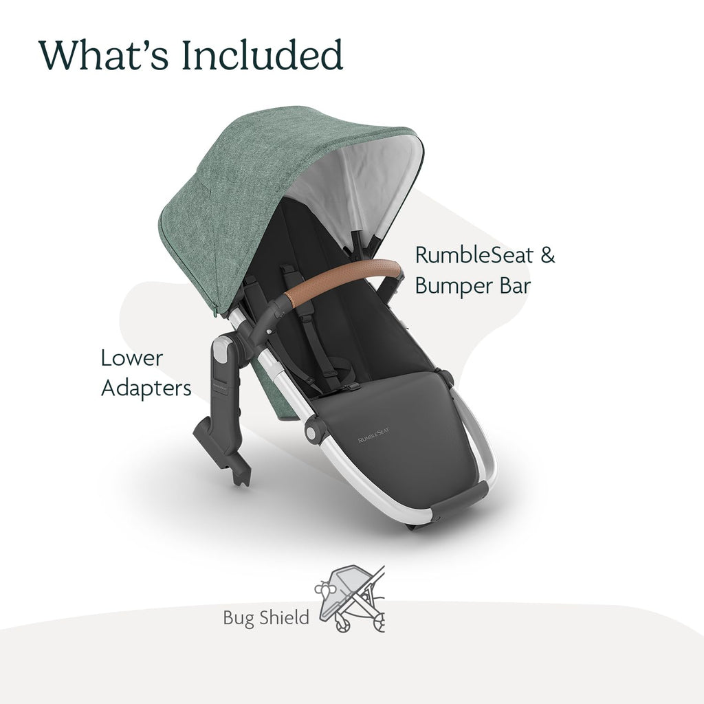 UPPAbaby RumbleSeat V2+ Second Lower Seat/Compatible with Vista V2 and Vista V3 / Adapters, Bumper Bar, Bug Shield Included/Emmett (Green Mélange/Silver Frame/Saddle Leather)