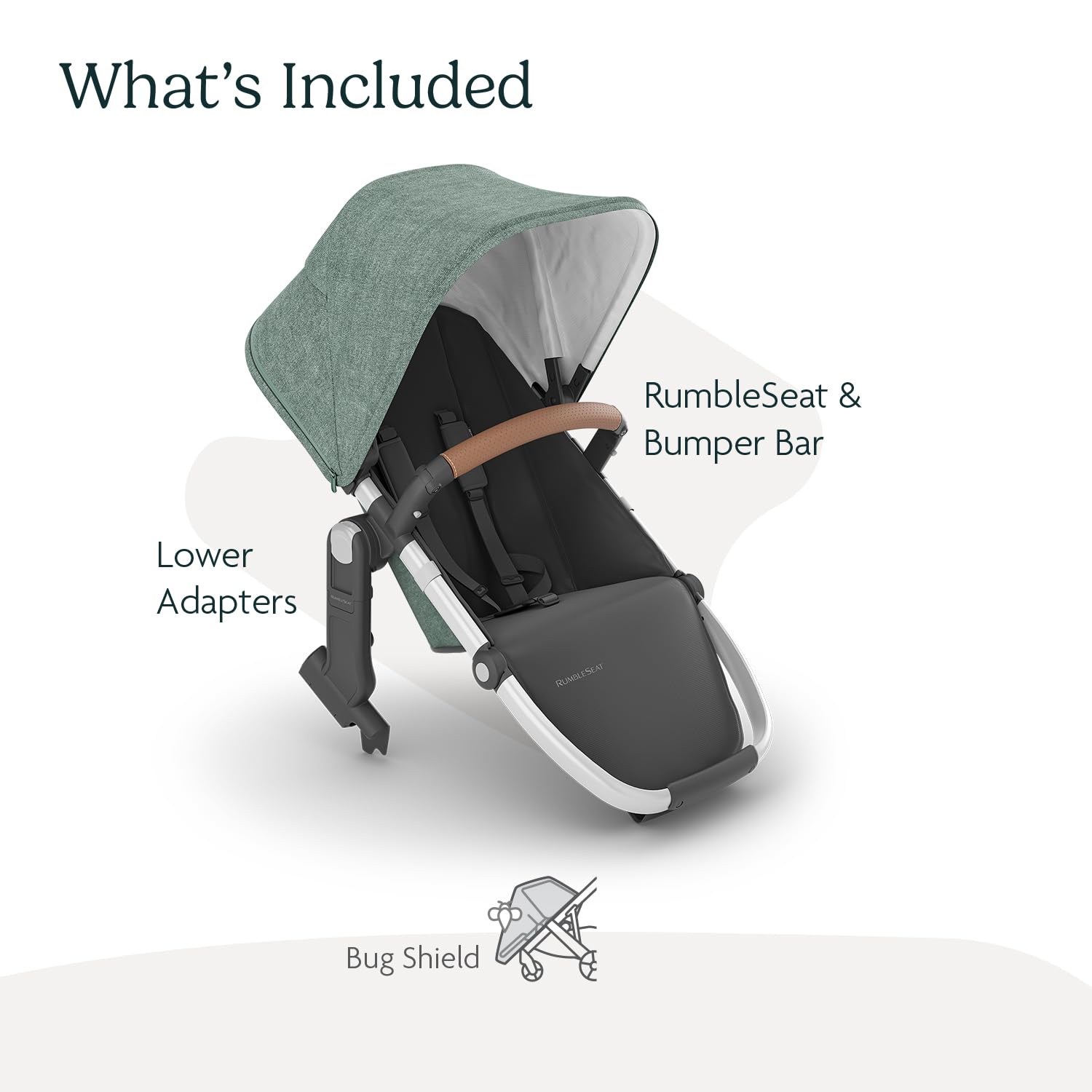 UPPAbaby RumbleSeat V2+ Second Lower Seat/Compatible with Vista V2 and Vista V3 / Adapters, Bumper Bar, Bug Shield Included/Emmett (Green Mélange/Silver Frame/Saddle Leather)