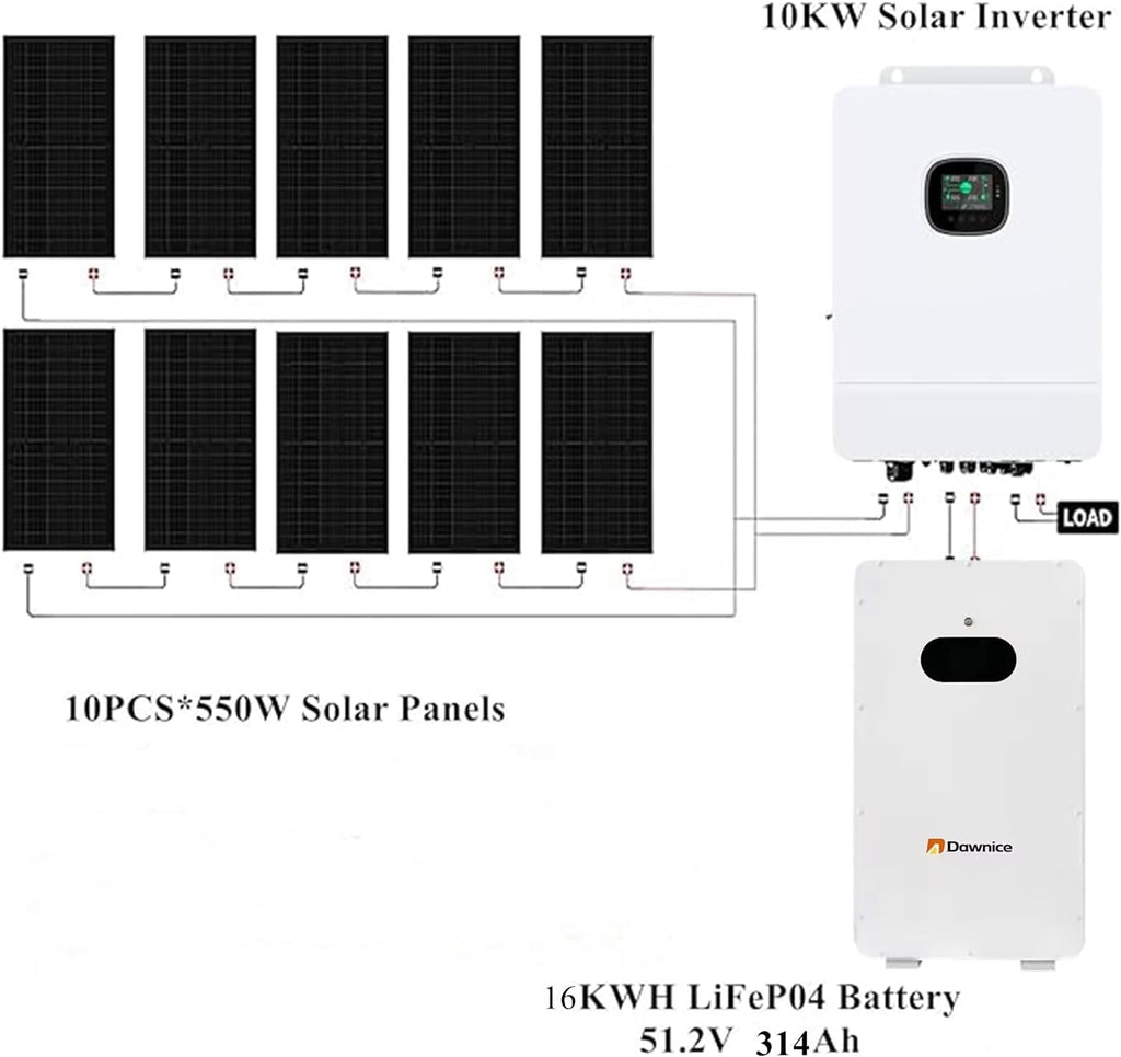 10KW Off Grid Solar System Complete Kit 48V 16KWH Home System with 10PCS*550W Solar Panels, 10KW Inverter, 51.2V 314Ah 16KWH LiFeP04 Battery