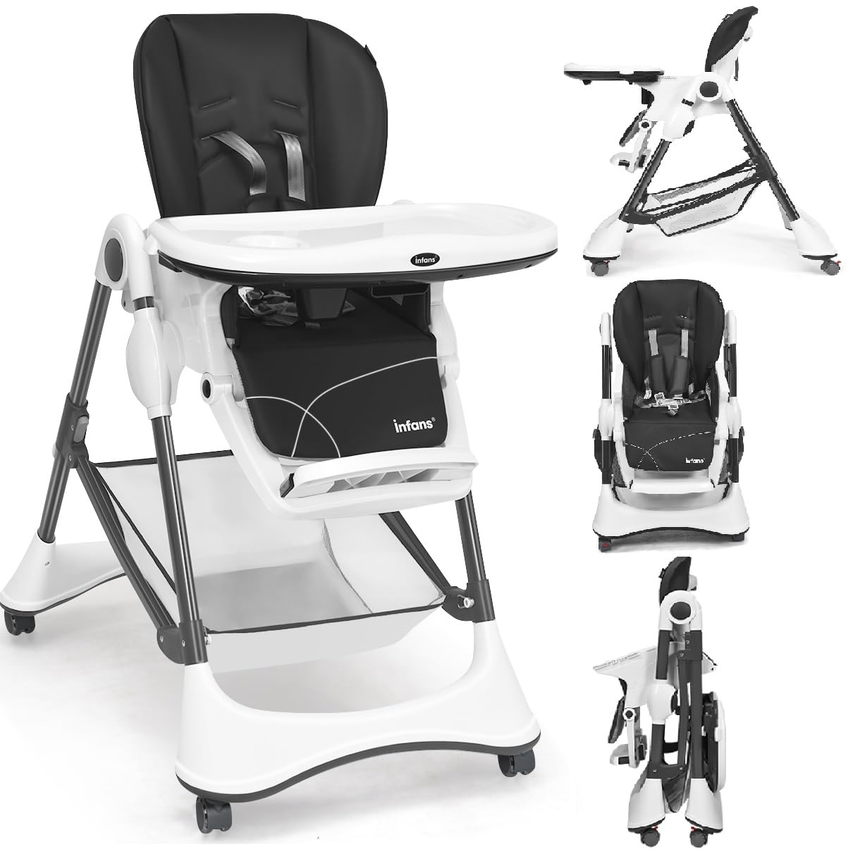 INFANS High Chair with One-Hand Removable Tray, 4 Lockable Wheels & Large Storage Basket - Multi-Adjustable Height, Recline & Footrest, Removable Cushion, Foldable for Baby, Infant& Toddler, Grey