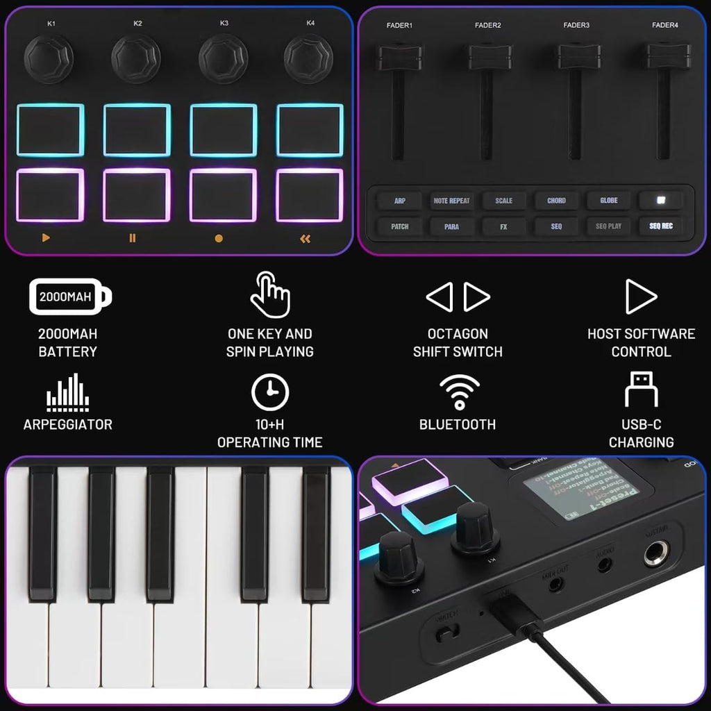 M-VAVE 37 Key USB MIDI Keyboard Controller With 16 Backlit Drum Pads, Bluetooth Semi Weighted Professional dynamic keybed 8 Knobs and Music Production,Software Included (37 Key Black)