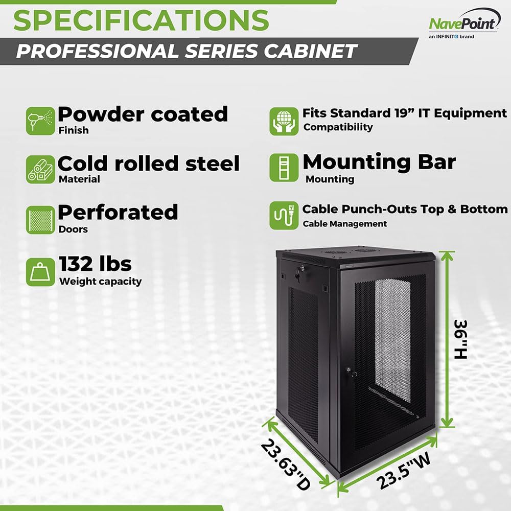 NavePoint 18U Wall Mount Network Cabinet for 19' IT Equipment, A/V, Perforated Enclosure, Lockable Door, 2 Fans, 600mm Depth, Max Weight 132 lbs