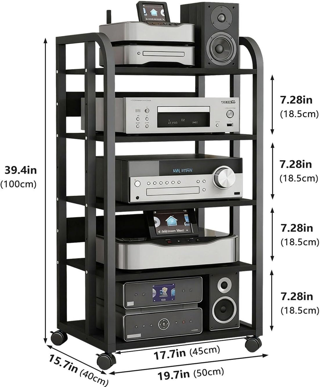 5-Tier Stereo Cabinet, Rolling AV Media Stand with Wheels, Adjustable CD Record Player Console Shelf Audio Component Rack for Home Theater, Studio, Gaming & Living Room, Black