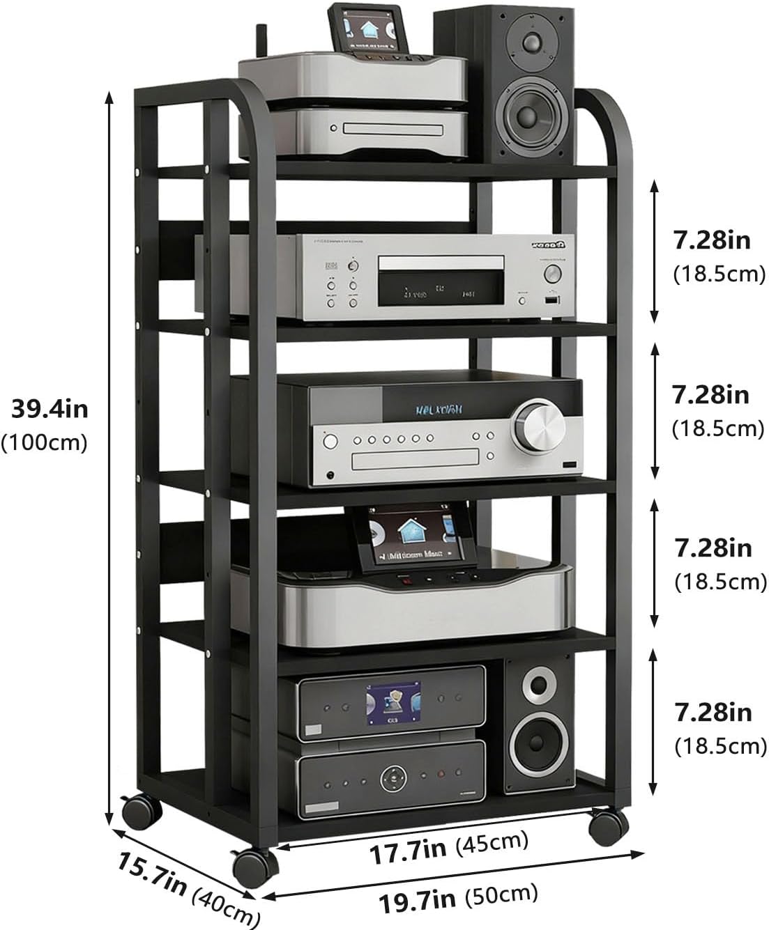 5-Tier Stereo Cabinet, Rolling AV Media Stand with Wheels, Adjustable CD Record Player Console Shelf Audio Component Rack for Home Theater, Studio, Gaming & Living Room, Black