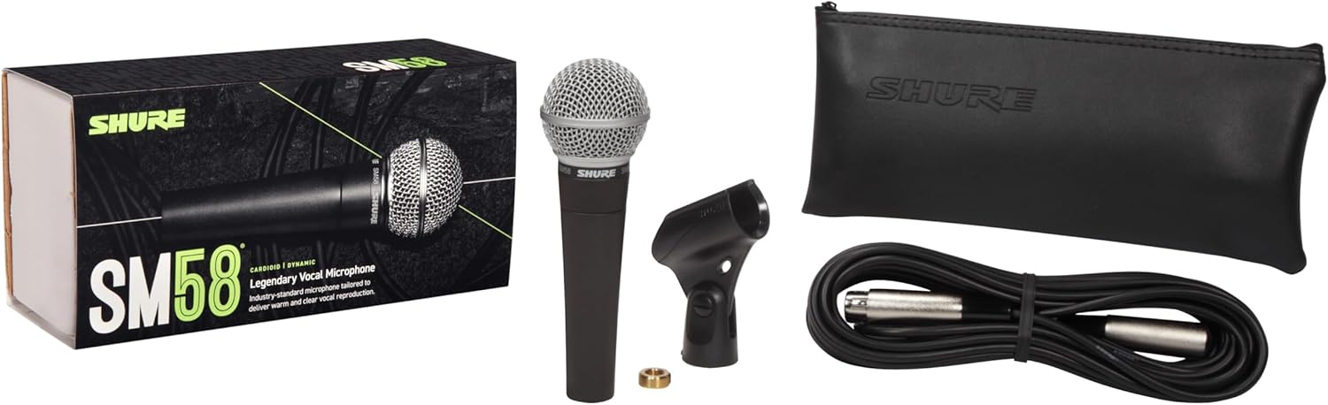 Shure SM58 Professional Dynamic Vocal Microphone with 25-Foot XLR Cable – Cardioid Mic for Live Performance, Studio Recording, Podcasting & Streaming (SM58-CN), Black & Silver