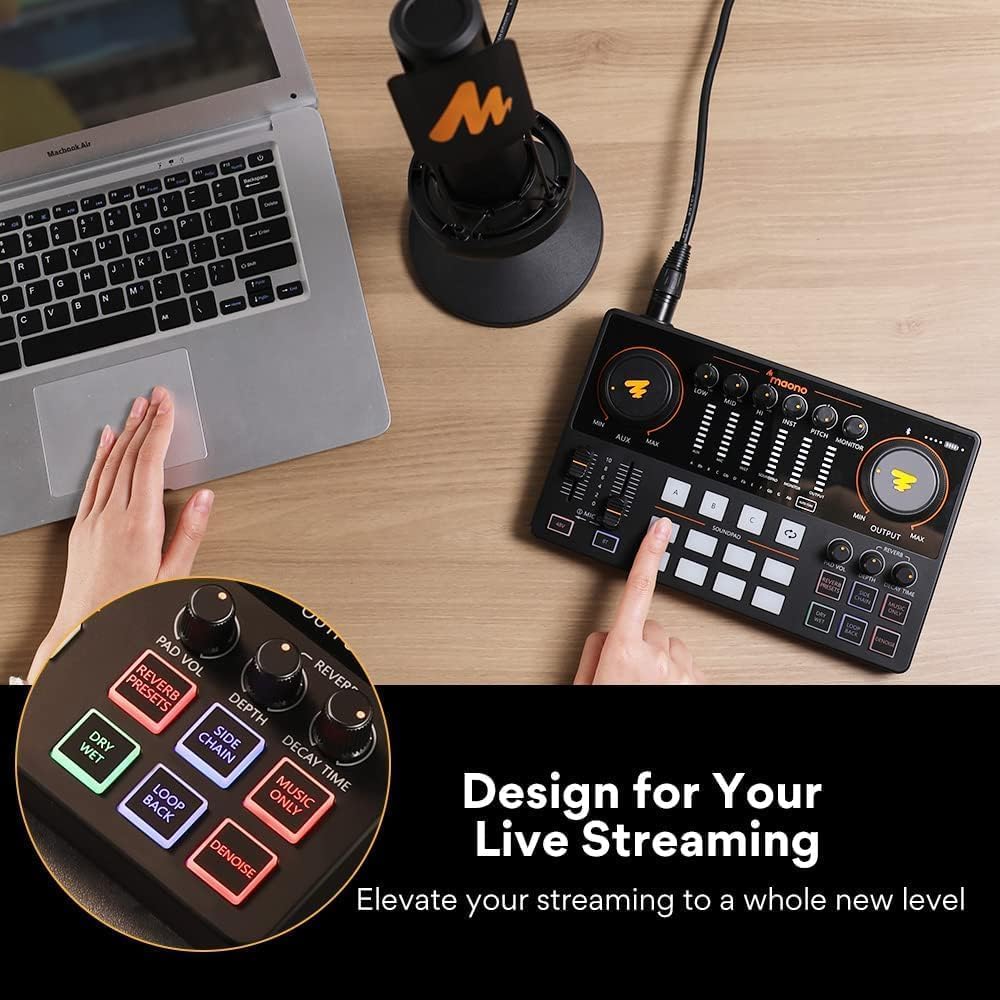 MAONO Podcast Equipment Bundle 10 Channel Audio Interface and XLR Dynamic Microphone MaonoCaster with Pro-preamp, 48V, Bluetooth for Podcast, Streaming, TikTok, Youtube, PC, Smartphone (AME2C Pro)