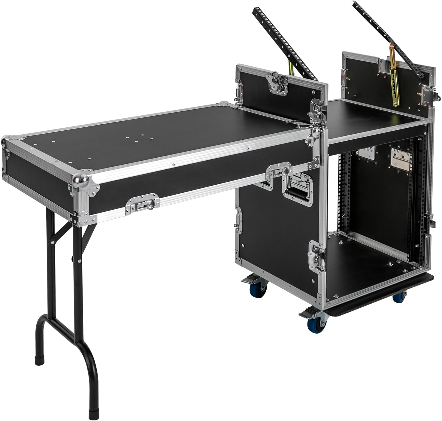 12U Mobile PA DJ Rack/Road Case, Network & Stereo Rack with DJ Mixer Tops, Heavy-Duty 2-Tier Studio Equipment Cabinet with 4 Wheels, Amplifier Mixer Storage Stand for Live Sound, KTV, Home Theater