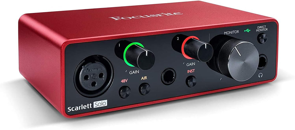 Focusrite Scarlett Solo 3rd Gen USB Audio Interface Bundle w/LyxPro Cardioid Condenser Mic, Shockmount, Pop Filter, XLR Cable, Metal Mic Stand, Studio Headphones & Focusrite Creative Software Kit