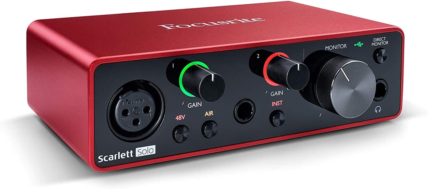 Focusrite Scarlett Solo 3rd Gen USB Audio Interface Bundle w/LyxPro Cardioid Condenser Mic, Shockmount, Pop Filter, XLR Cable, Metal Mic Stand, Studio Headphones & Focusrite Creative Software Kit