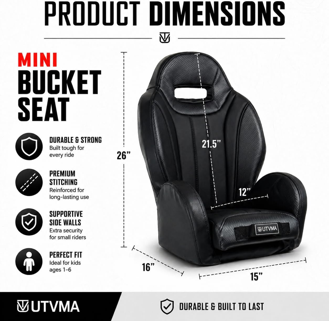 UTVMA Mini Bucket Seat for Kids - Durable UTV Child Car Seat - Extra Comfort UTV Booster Seat - Harness Compatible UTV Seats - Easy Install
