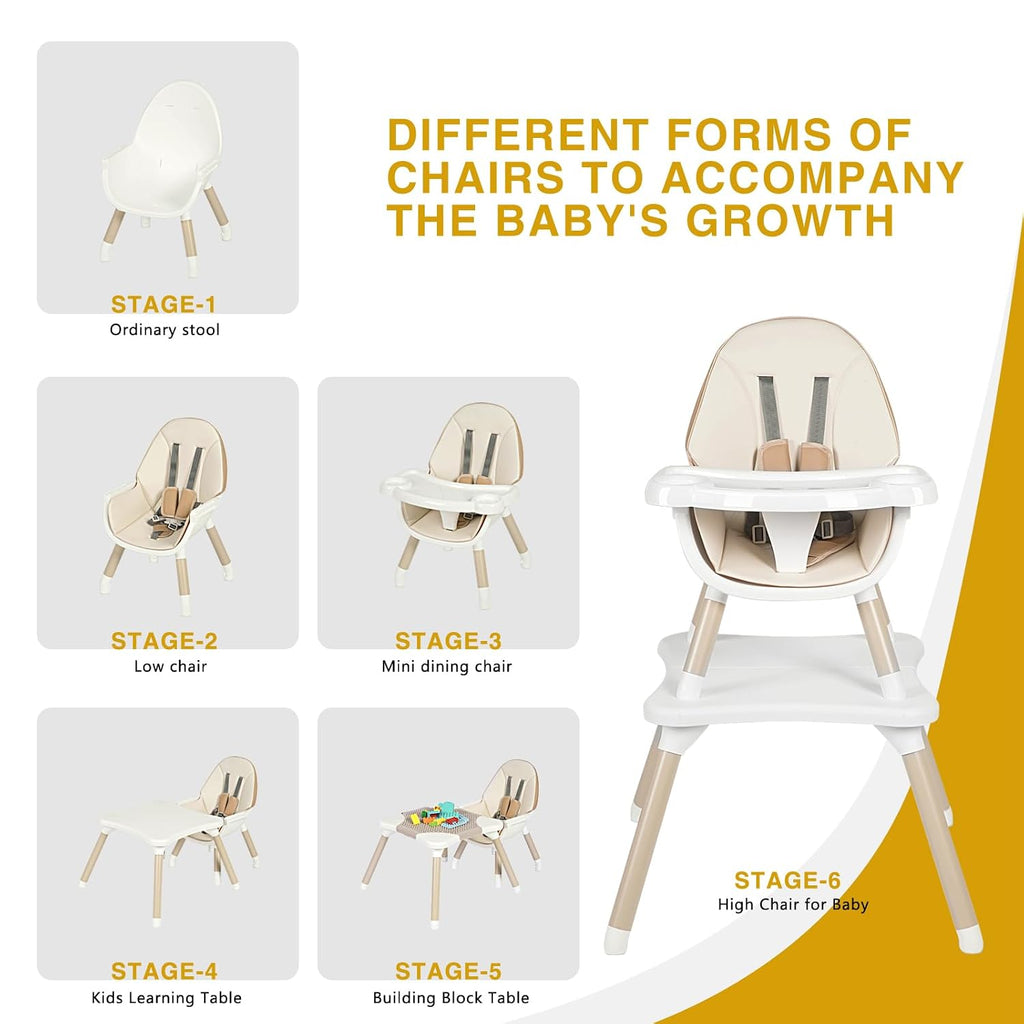 Gofirst 6 in 1 Baby High Chair,Convertible High Chairs for Babies and Toddlers/Booster Seat/Table and Chair Set,Babies Feeding Chair/5-Point Harness,4-Position Removable Tray&PU Cushion Baby Highchair