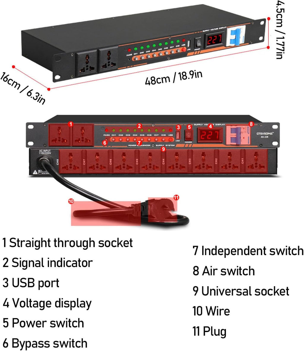 Jectse 10 Outlet Power Sequencer, High Power Audio Equipment Controller with Digital Voltage Display, for Stage Amplifier Studio PA System (US Plug)