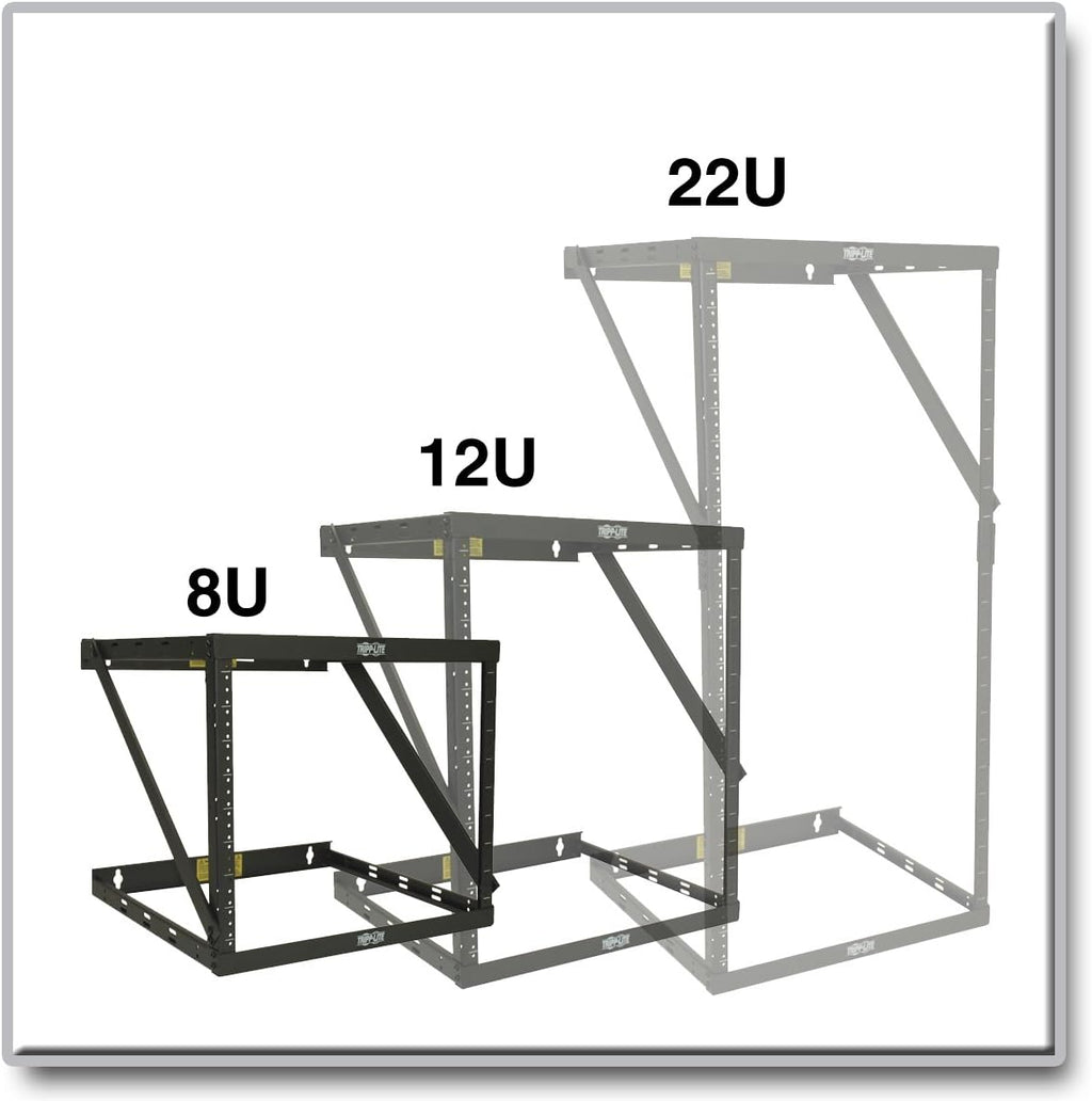 Tripp Lite 8U/12U/22U Expandable Wall-Mount 2-Post Open Frame Rack, Adjustable Network Equipment Rack, Switch Depth, 18' Deep, 5 Year Warranty (SRWO8U22), black, 17.8 (8U) , 24.8 (12U), 42.3 (22U) x 20.11 x 18.24
