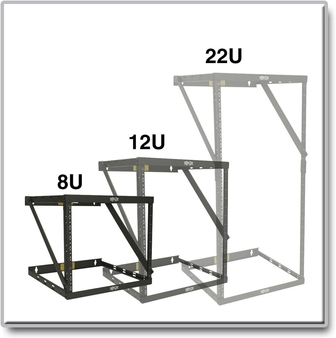 Tripp Lite 8U/12U/22U Expandable Wall-Mount 2-Post Open Frame Rack, Adjustable Network Equipment Rack, Switch Depth, 18' Deep, 5 Year Warranty (SRWO8U22), black, 17.8 (8U) , 24.8 (12U), 42.3 (22U) x 20.11 x 18.24