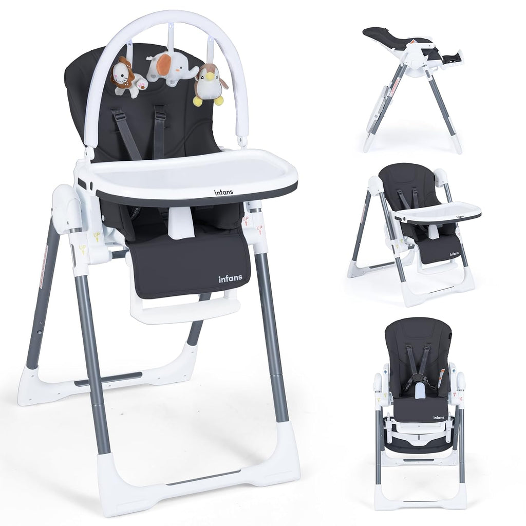 INFANS High Chair for Babies and Toddlers, Foldable Highchair with 7 Different Heights 4 Reclining Backrest Seat 3 Setting Footrest, Removable Tray Built-in Rear Wheels with Locks