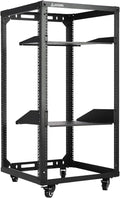 AEONS 20U Open Frame Network Server Rack 19-inch 4 Post AV Rack with Casters for Floor Standing and Wall Mount, Side Load for Extra Depth– Complete Kit with 1U and 2U Vented Shelves, Black