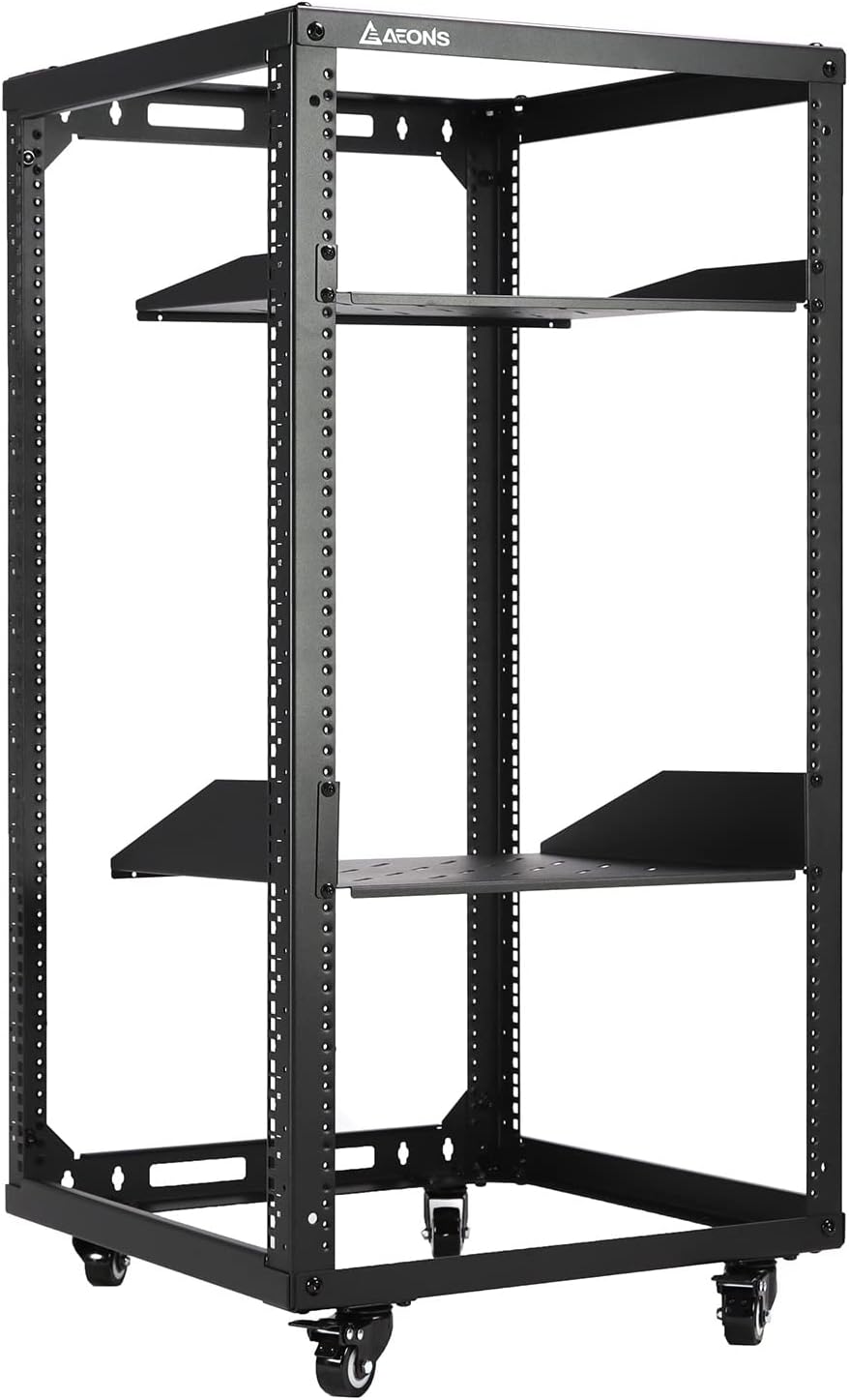 AEONS 20U Open Frame Network Server Rack 19-inch 4 Post AV Rack with Casters for Floor Standing and Wall Mount, Side Load for Extra Depth– Complete Kit with 1U and 2U Vented Shelves, Black