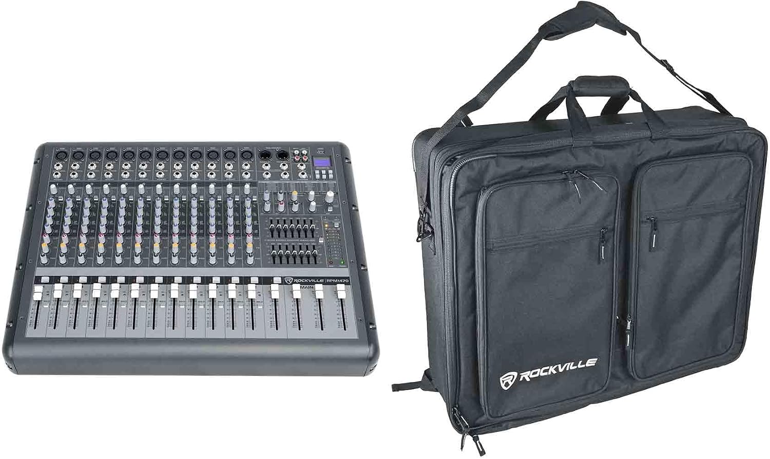 Rockville Bundle: RPM1470 14 Channel 6000w Powered Mixer w/USB, Effects/14 XDR2 Mic Pres Bundle with BP-MIX2621 Padded Mixer Bag Semi Rigid, Interior Straps 26'x21'x 8.5' (2 Items)
