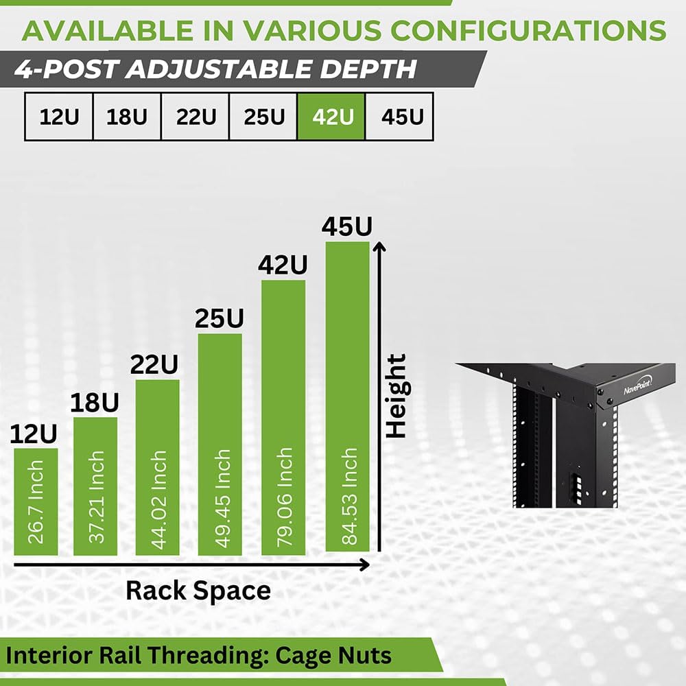 NavePoint 42U Server Rack, 4-Post Open Frame Rack for 19' Networking Equipment, 1000mm, Stationary/Casters, Black Steel, Max Weight Capacity 881 Lbs