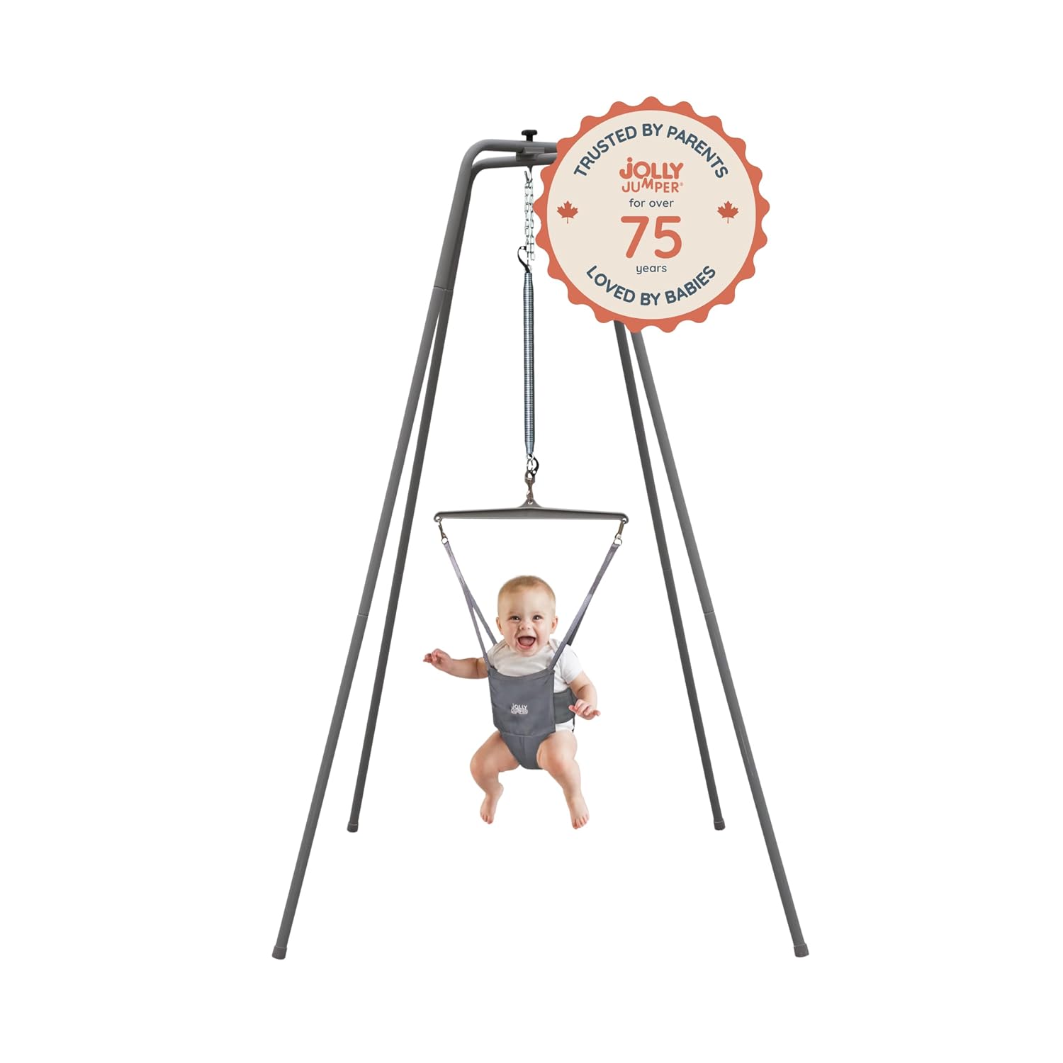 Jolly Jumper Elite (Grey) Baby Exerciser - Sturdy Frame, 6 ft Tall Stand Baby Jumper, Indoor and Outdoor Exercise Saddle Seat, Adjustable Height, for Infants up to 28 lbs