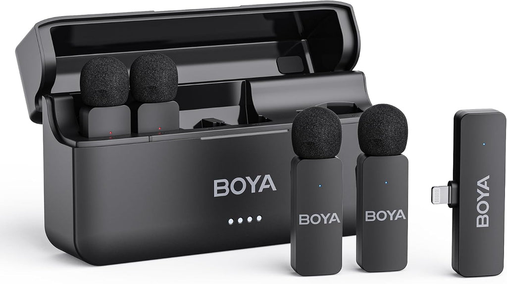 BOYA BY-V4D Wireless Lavalier Microphone for iPhone iPad with Charging case, 18H Battery Life, 650ft Range, 4-Channel Omnidirectional Noise Canceling Lapel Mics for Video Recording Interview Vlog